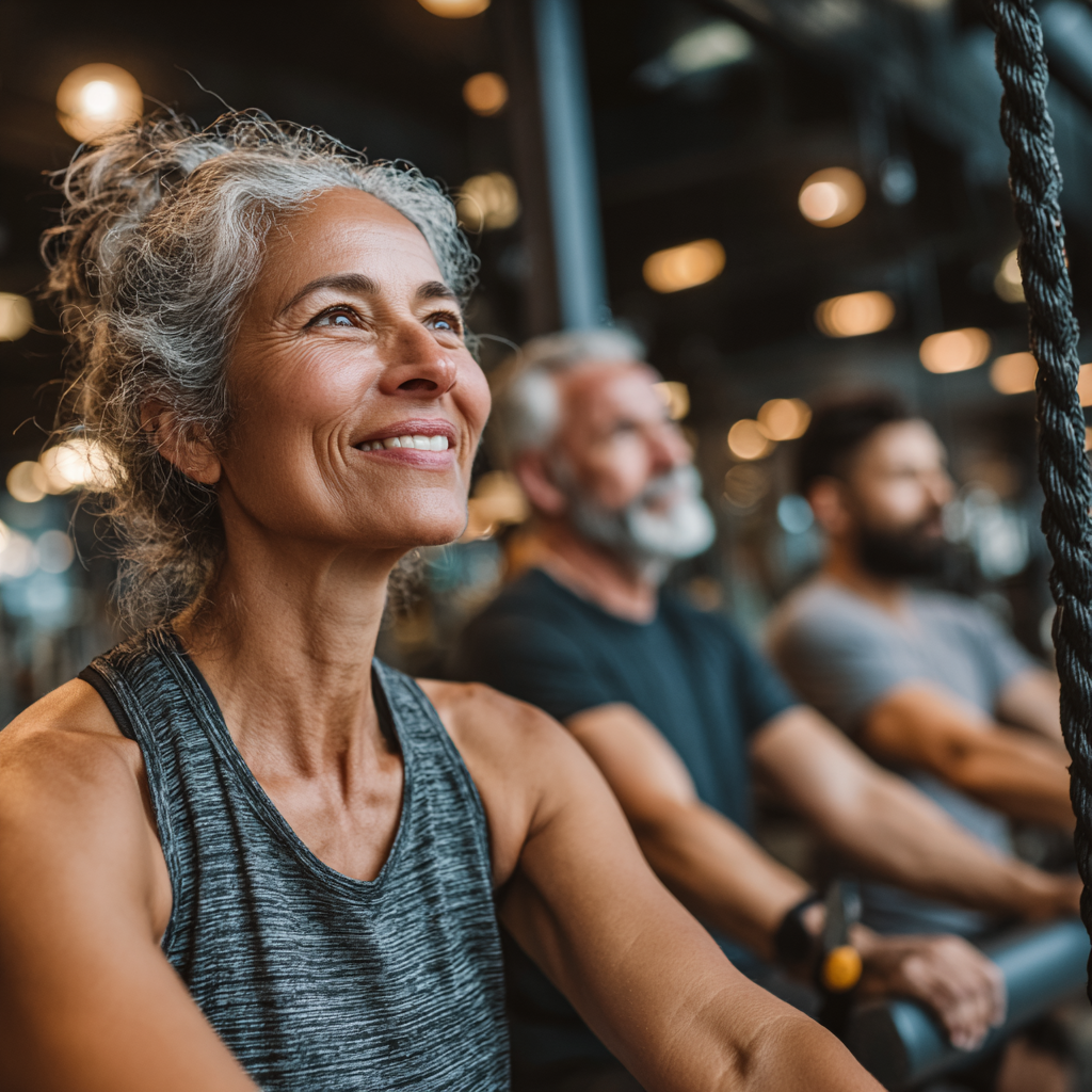 Middle-aged adults enjoying diverse workout routines in modern fitness environment